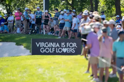 Virginia tourism signage is seen during the second round of LIV Golf Virginia at Robert Trent Jones Golf Club on Saturday, June 07, 2025 in Gainesville, Virginia. (Photo by Mateo Villalba/LIV Golf)