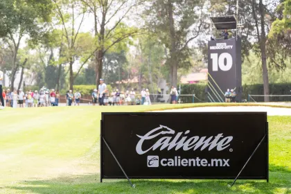 Caliente signage see on the 10th green during the second round of LIV Golf Mexico City at Club de Golf Chapultepec on Saturday, April 26, 2025 in Naucalpan, Mexico. (Photo by Mateo Villalba/LIV Golf)