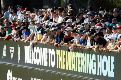 Fans seen at the watering hole on the 12th green during the first round of LIV Golf Adelaide at the Grange Golf Club on Friday, Apr. 21, 2023 in Adelaide, Australia. (Photo by Montana Pritchard/LIV Golf)